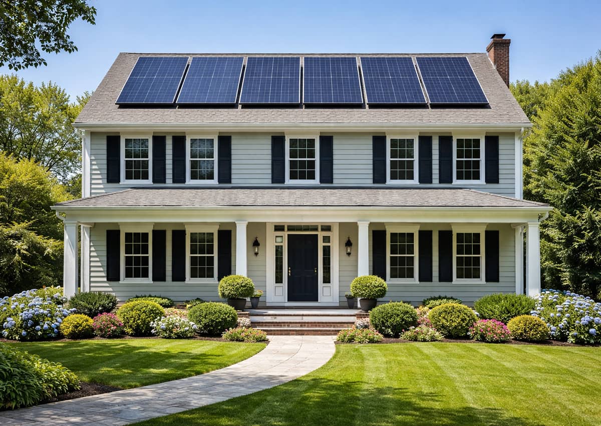 Beautiful Connecticut colonial home with solar panels installed on roof